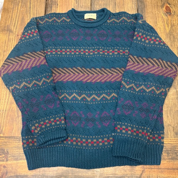Vintage LL Bean Mens XL 1980s Pure Wool Fair Isle Sweater Teal Blue Geometric